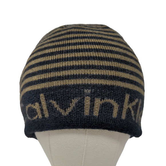 Calvin Klein Men's Beanie Hat Black 100% Acrylic Striped Spell Out - Picture 1 of 13
